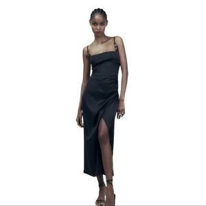 Zara Black Satin Maxi Dress with Side Slit